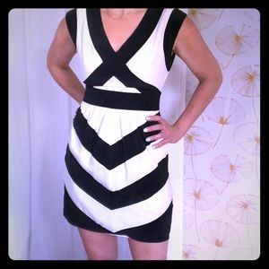 💄BCBG Max Azria Midi Black & White Sexy Dress Sz4